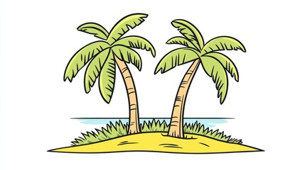 Cartoon tropical island with palm trees.  Beach scene. Illustration.  Possible use Children's book illustration