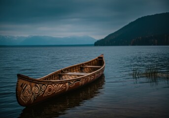 Obraz premium Wooden canoe on calm lake at dusk