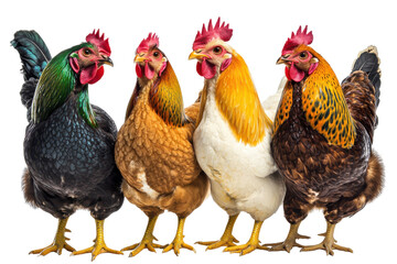 Fototapeta premium Four Colorful Chickens Standing Together in a Farmyard Setting