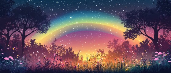 Enchanted Forest Under a Celestial Rainbow with Sparkling Stars and Dreamy Atmosphere for Stock Photo Use