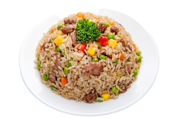 Delicious fried rice with vegetables and meat on a plate