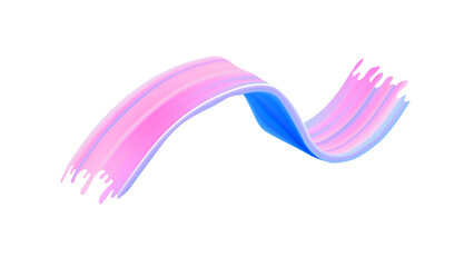 3D brush ribbon with color paint stroke. Abstract wave swirl flow in dynamic motion. Fluid gradient background in blue and pink with isolated ink texture. Modern graphic design for bright banner art