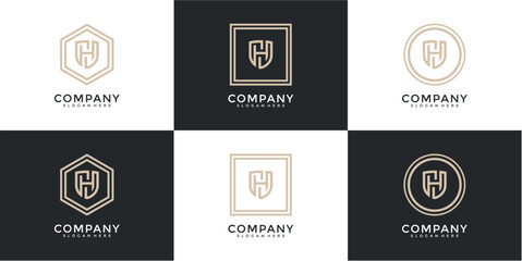 Beige Monogram Logo Variations: H Initial in Hexagon Square and Circle Frames