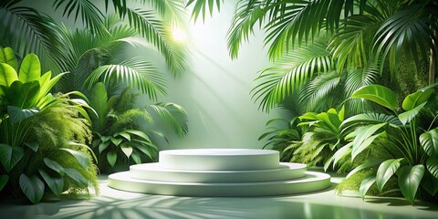Obraz premium Tropical White Podium Stage on Lush Green Background - 3D Render Stock Photo
