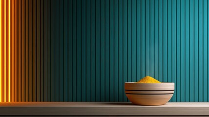 Burnout recovery, relaxation and therapy concept. A vibrant bowl of yellow powder sits on a wooden surface against a teal and orange striped wall, creating a striking visual contrast.