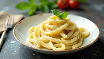 Artistically arranged plate of white pasta, clean background , shape, plate, bright
