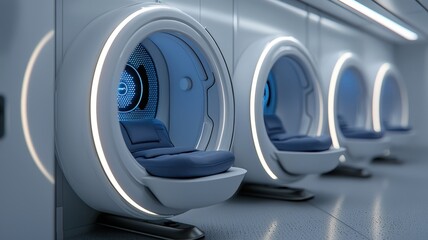 Burnout recovery, relaxation and therapy concept. A futuristic, minimalistic interior featuring sleek sleeping pods with soft blue lighting, designed for comfort and relaxation.