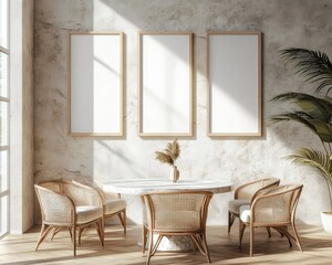 Three Blank White Frames Mockup on Dining Table in Modern Minimalist Interior