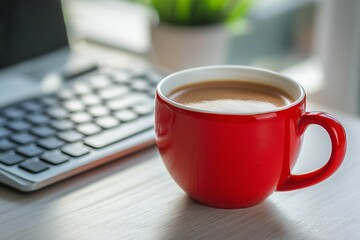 Red Coffee Cup on Office Desk with Keyboard in Cozy Workspace Setting