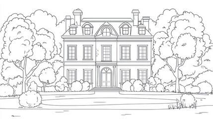 Elegant Mansion in Park Setting, Illustration, Coloring Book, Decorative