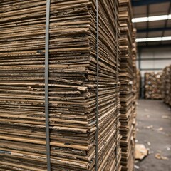 Stacks of Recycled Cardboard Sheets in Industrial Warehouse
