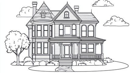 Simple drawing of a historic house, with a yard and clouds.  Possible use coloring book page, educational material