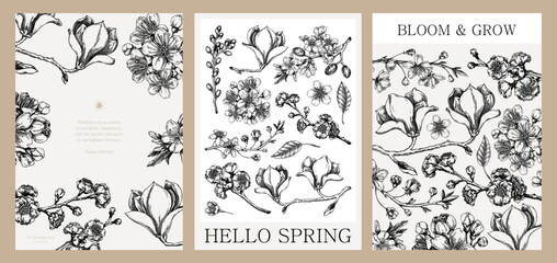 Spring design set, engraved style. Blooming trees hand-drawn vector illustration. Floral frame, book cover, poster design, greeting card. NOT AI generated