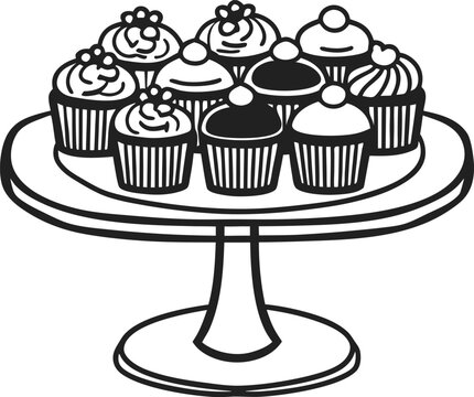 Cupcake assortment on pedestal stand decorative icing, dessert variety display, black and white outline.