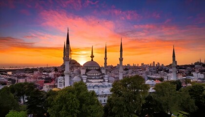 Naklejka premium Elegant Ramadan Kareem background with glowing crescent moon and twinkling stars. Serene night sky with illuminated crescent and celestial glow for Ramadan celebration