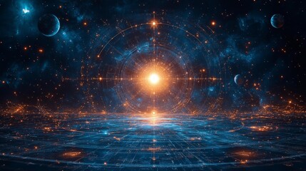 Futuristic Astrological Chart with Planetary Orbits and Glowing Center. Generative AI