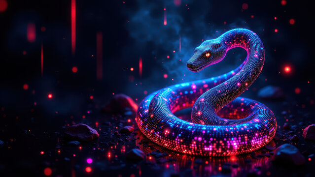 Cybersecurity themed snake wrapped around a server rack with digital and tech elements.