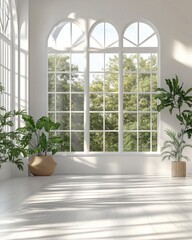 Fototapeta premium Bright interior with large arched window and plants casting shadows on the white floor creating a serene atmosphere for design