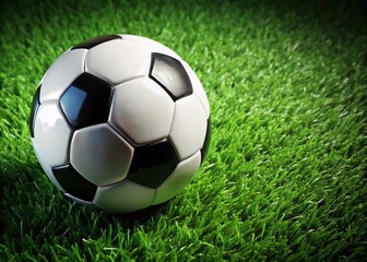 Fototapeta premium Top View Black & White Soccer Ball on Green Grass - Copy Space