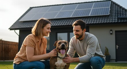 Family Home with Solar Panels: A smiling couple tenderly pets their dog in front of their modern house with rooftop solar panels, symbolizing sustainable living and homeownership.