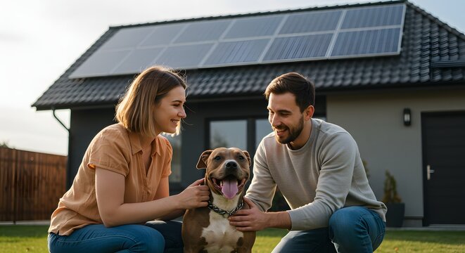 Family Home with Solar Panels: A smiling couple tenderly pets their dog in front of their modern house with rooftop solar panels, symbolizing sustainable living and homeownership.