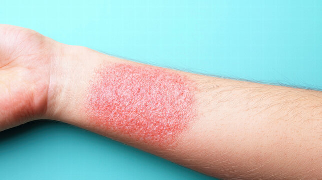 Skin patch test on patient arm showing irritation and redness, indicating possible allergic reaction or sensitivity. Allergy Concept