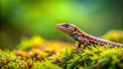 Obraz premium Tiny Brown Lizard Camouflaged in Vibrant Green Moss - Wild Nature Stock Photo