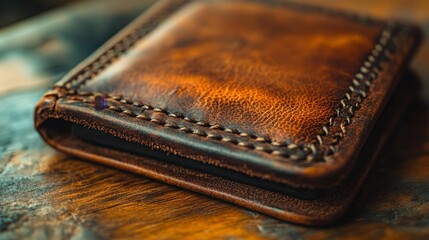 Close-Up of Hand-Stitched Leather Wallet with Detailed Stitching. Generative AI