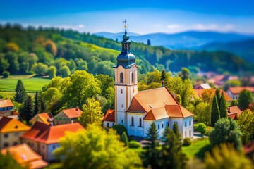 Fototapeta premium Tilt-Shift Photography: St. Vitus Church, Ozalj, Croatia - Lush Greenery & Blue Sky