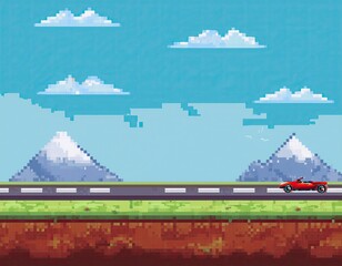 Fototapeta premium A pixelated red sports car drives along a highway past snow capped mountains under a bright blue sky
