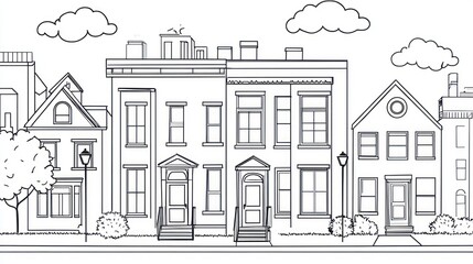 Black and white illustration of a neighborhood street scene