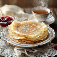 A stack of thin, Russian blini (crepes) arranged on an elegant porcelain plate,on table covered,a delicate lace tablecloth.a small glass bowl filled,rich raspberry jam,glass bowl filled golden honey.