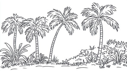 Tropical Palm Trees, Simple Line Art Illustration, Peaceful Background, Use for Posters, Cards, or Print Design