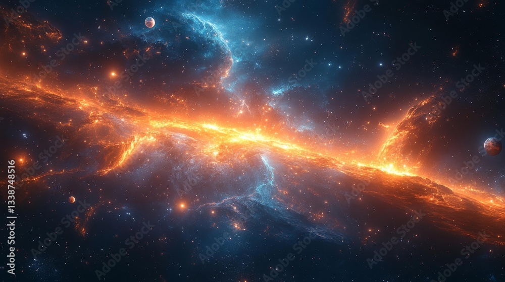 Wall mural cosmic background with ethereal lights and planets. generative ai