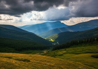 Fototapeta premium Scenic Mountain Landscape with Sun Rays