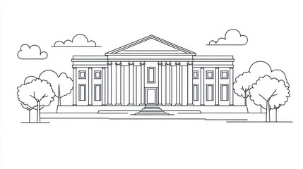 Outline drawing of a government building, surrounded by trees and clouds.  Suitable for educational or architectural presentations