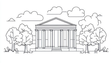 Simple Line Drawing of Greek-Style Building with Trees and Clouds