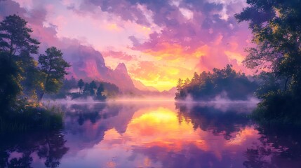 Lake sunset reflecting mountains with misty forest