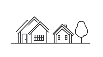 Simple line drawing of houses and a tree