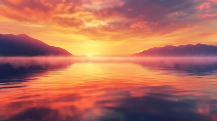 Obraz premium Lake Sunset Reflective water, mountains, orange sky