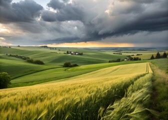 Obraz premium Farm fields under dramatic clouds