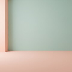 Minimalist corner composition with pastel green and pink walls. Abstract geometric background for interior design, product display, or mockup. Clean and modern architectural detail.