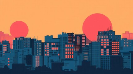 Sunset Cityscape with Urban Skyline, Double Sun, and Vector Art.