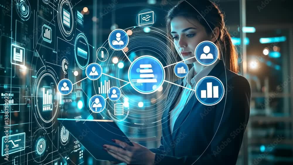 Poster A confident businesswoman in a sharp suit engages with digital data visualizations, symbolizing the integration of advanced technology and analytics in modern business strategies and operations