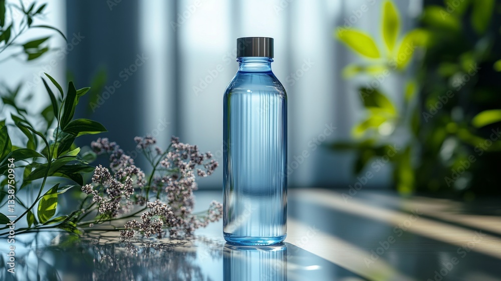 Poster A clear water bottle stands on a table surrounded by greenery and soft sunlight filtering through sheer curtains. The setting showcases a tranquil atmosphere.