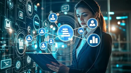 A confident businesswoman in a sharp suit engages with digital data visualizations, symbolizing the integration of advanced technology and analytics in modern business strategies and operations - Powered by Adobe