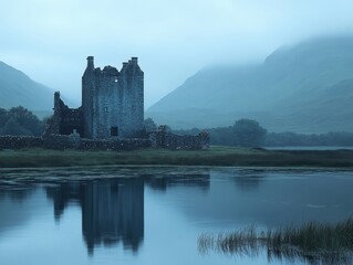 Moody Reflection of Kilchurn Castle Ruins on Loch Awe in Scotland amidst Misty Mountains and Serene Waters