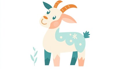 Obraz premium Cute cartoon goat illustration, whimsical style, against plain background, suitable for children's book illustration