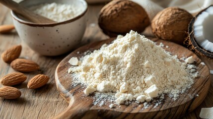 Fototapeta premium A paleo diet protein powder and raw ingredients like almond flour and coconut flakes.