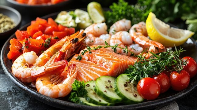 A paleo diet seafood platter with shrimp, salmon, and vegetables.